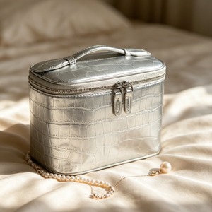 Sac cosmétique de luxe pour femmes, en cuir de crocodile argenté métallisé, sac de voyage portable, trousse de beauté, étui de rangement pour maquillage - Product Image 1