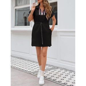 Vestido Mini de Manga Corta para Mujer, Cuello en V, Cierre de Cremallera de Cuarto, Cintura con Cordón, Vestido Casual Tipo Sudadera, Tejido de Algodón Sólido, Ropa de Verano - Product Image 5