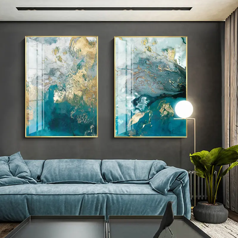 Soyut suluboya mavi altın duvar sanatı Modern dekoratif resim kristal porselen boyama oturma odası ofis dekor için