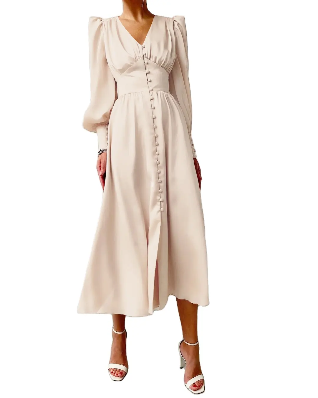 2021 bahar yeni moda bayanlar ofis giyim düğme bel fener uzun kollu uzun elbise kadın