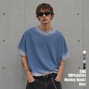 T-shirt Homme Col Rond Manches Courtes Coupe Boxy Vintage Délavé Effet <span class=keywords><strong>Dégradé</strong></span> 210 GSM avec Logo Personnalisé et Lavage Spray Monkey en Gros - Product Image 1