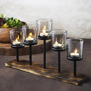 <b>Rustic</b> Wooden Metal Tealight Candle Holder Set with Glass Votive Cups Decorative <b>Centerpiece</b> for Dining Living - Product Image 5
