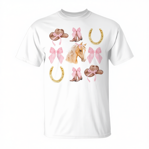 Camiseta de Manga Corta con Cuello Redondo para Mujer Adulta, Diseño de Vaquera del Oeste, Rodeo, Rosa, con Lazo de Caballo, Impresión Digital - Product Image 2