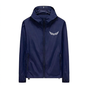 Men's Navy Blue Hooded Windproof <b>Jacket</b> With Embroidered Logo Zipper Front Spring Outerwear - Product Image 1