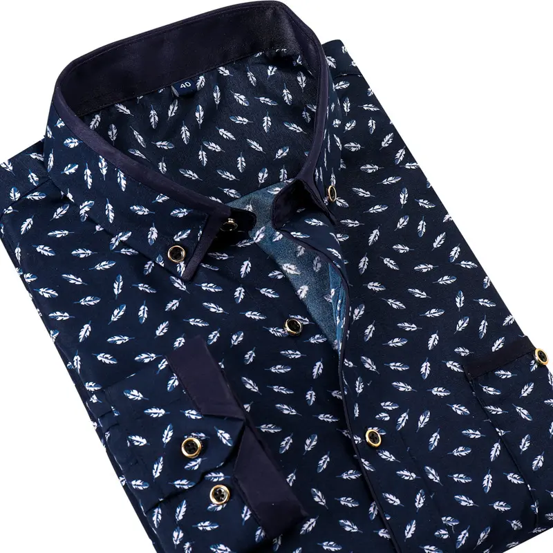 Fashion High Quality Cotton Casual Dress Patterned Long Sleeve Shirt For Men Navy Blue Men's Shirt