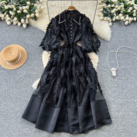 Robe longue décontractée élégante pour femme WIWT, blanche, coupe trapèze, avec appliques en maille et feuilles, manches courtes bouffantes, col, pour les fêtes et le quotidien