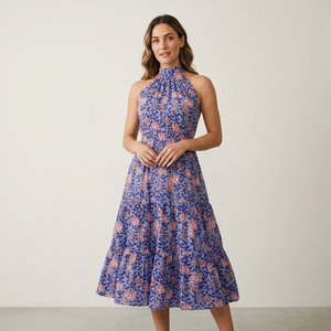 Floral Print <b>Halter</b> Neck A-Line Maxi <b>Dress</b> Sleeveless Nonwoven <b>Summer</b> Casual Simple Breathable Natural Waistline Pleated Hem - Product Image 1