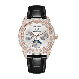 Reloj Premium para Hombre con Fase Lunar, Día y Mes, Tono Oro Rosa con Detalles de Diamantes, Correa de Cuero, Lujoso para Reuniones de Negocios - Product Image 4