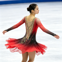 Robe de patinage artistique à manches longues dégradé rouge et noir, dos ouvert en maille avec strass dorés, pour filles et femmes, compétition