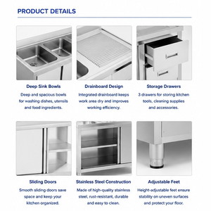 Évier commercial double en acier inoxydable avec égouttoir et 3 tiroirs, station de lavage de cuisine pour restaurant - Product Image 3