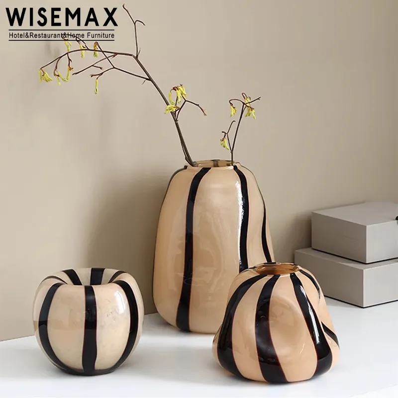 WISEMAX Furniture Modern Retro Glass Vase Bright Porcelain Flower Vase With Stripe Painting For Living Room Decoration