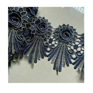 Hot sell Rhinestone lace trim African lace trim Metallic Embroidered Motif Lace Wide 15CM