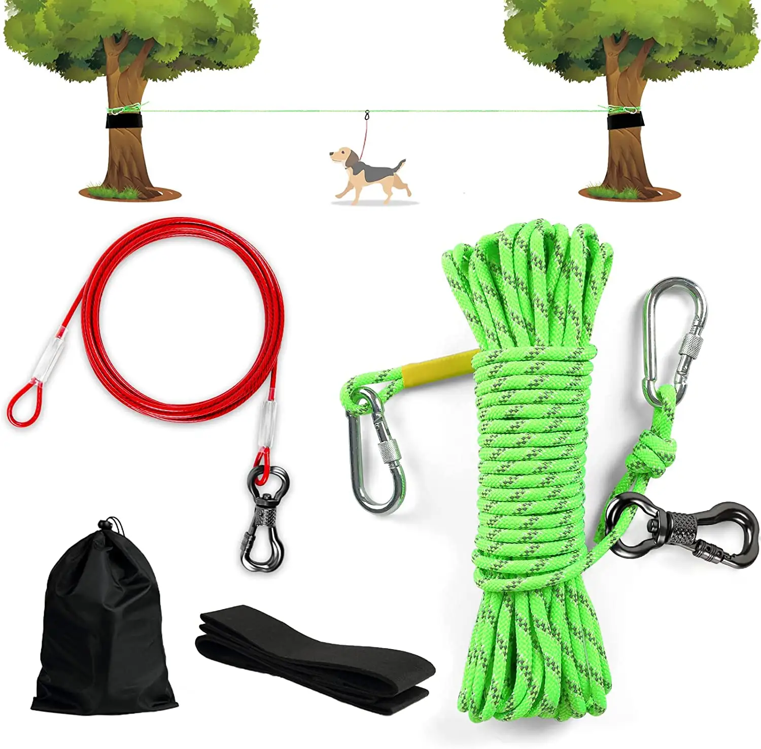 Retractable Dog Tie Out Cable for Camping 50ft Overhead Trolley System for Dog up to 200lbs Dog Lead for Yard Camping Parks