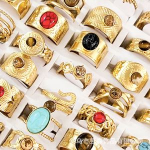 Vintage Style French Natural Stone Stainless Steel <b>Ring</b> 18k Gold Plated <b>Ring</b> Cz Zircon Mix Bulk Gemstone Opening <b>Adjustable</b> <b>Ring</b> - Product Image 5