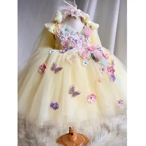 INS Latest Design Children Clothing Girls 3D Butterfly Flower Baby Girls Princess Wedding Dress Ball Gown For Kids