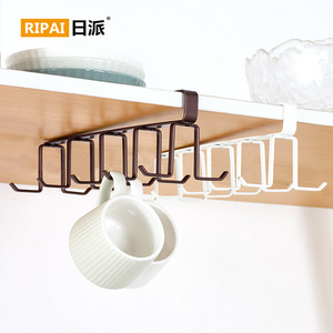 Support à verres à vin Ripai sous armoire, marron café et blanc, sans perçage, rangement suspendu pour tasses et spatules de cuisine - Product Image 2