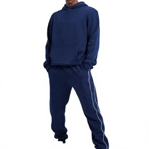 Chándal con Capucha Azul Marino para Hombre, de Longitud Completa, Color Sólido, con Rayas Laterales, Corte Regular Informal, Transpirable, Ligero, con Cordón Ajustable - Product Image 1