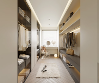 Dressing Walk-in en Bois Grainé avec Portes Vitrées, Tringles de Suspension Ouvertes, Coiffeuse et Accessoires de Rangement – Ensembles de Meubles de Chambre