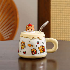 Creative Bear <b>Ceramic</b> <b>Mug</b> Set Aesthetically Pleasing for Men Women & Couple Breakfast Milk Coffee with Lid for Parties - Product Image 1