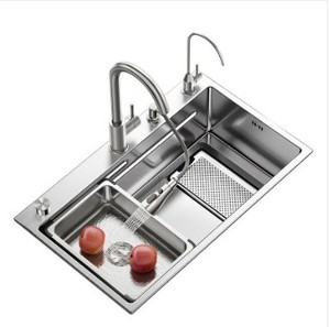 Lavello da <span class=keywords><strong>Cucina</strong></span> Moderno a Doppia Vasca in Acciaio Inox 304 Fatto a Mano con Rubinetto Estraibile, Lavabicchieri e Cestello di Scarico OEM - Product Image 2