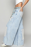 Fabricants ISO BSCI, jeans pour femmes, bleu clair, jambes larges, patchwork contrasté, lavage vintage, style ample, denim décontracté