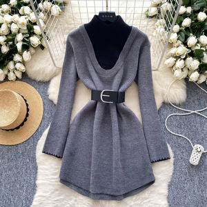 Abito Midi a collo alto autunnale <span class=keywords><strong>in</strong></span> <span class=keywords><strong>maglia</strong></span> sottile per donna abito <span class=keywords><strong>in</strong></span> pizzo Patchwork impero <span class=keywords><strong>rosso</strong></span> nero - Product Image 2