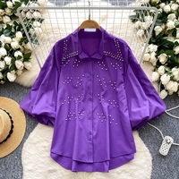 Chemisiers et chemises pour femmes personnalisés, chemise à col à manches lanternes ornée de diamants, chemise ample à simple boutonnage, haut décontracté pour femmes