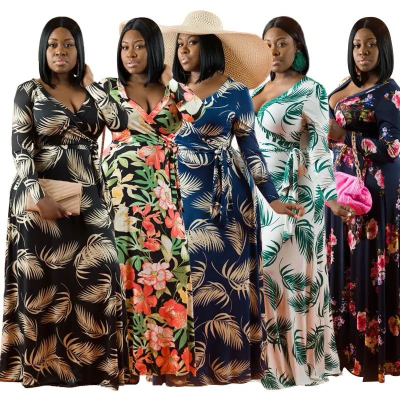 Fall 2024 Women Clothes Plus Size Women Clothing Floral Print Loose Deep V Waist Maxi Dress