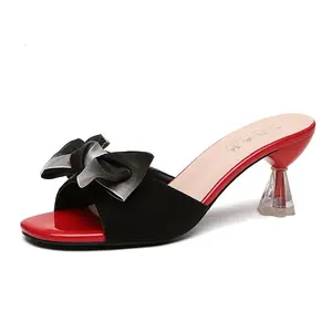 New Crystal heel sweet slip bow sandals women's summer outdoor wear all-match thin heel high heel slippers