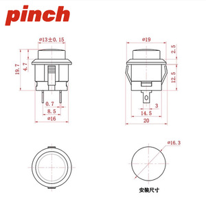 Interruptor de Botón Pulsador R13-507 de 16mm, Auto-rearmable, de Encaje a Presión, 1NO, Terminal de Tornillo, IP40, Plástico - Product Image 2
