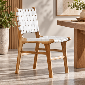 Chaise de jardin en chêne scandinave avec assise et dossier tressés blancs, pieds coniques, mobilier d'extérieur durable pour la salle à manger - Product Image 1