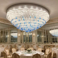 Lustre en cristal de designer, coquille ovale en verre transparent, gouttes bleues, luxe pour projets d'intérieur de maisons et d'hôtels, vente en gros, sur mesure