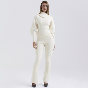 Women's <b>Knitted</b> Two-Piece <b>Set</b> Full Sleeve Solid Color Casual Suit White Myl0524 - Product Image 3