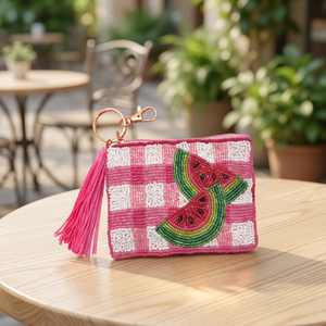 Pochette à monnaie perlée faite à la main, mini pochette brodée pastèque avec fermeture éclair, porte-clés pour usage quotidien - Product Image 3