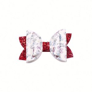 <b>Red</b> Children's All-in-One Fabric Hair Clip Christmas Glitter <b>Bow</b> Hairpin Little Girl's PU Leather Printed Cute Cartoon for Party - Product Image 6