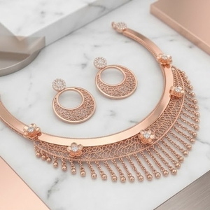 Conjunto de Collar con Flecos de Oro Rosa Italiano en Plata 925 con Pendientes Circulares a Juego, Joyería de Diseño para Mujer - Product Image 1