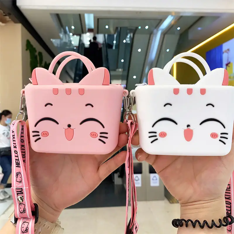 Personalizado nuevo diseño de dibujos animados lindo gato rosa de silicona de bolsas de la tarjeta de moda niños princesa cambio bolsas con correa