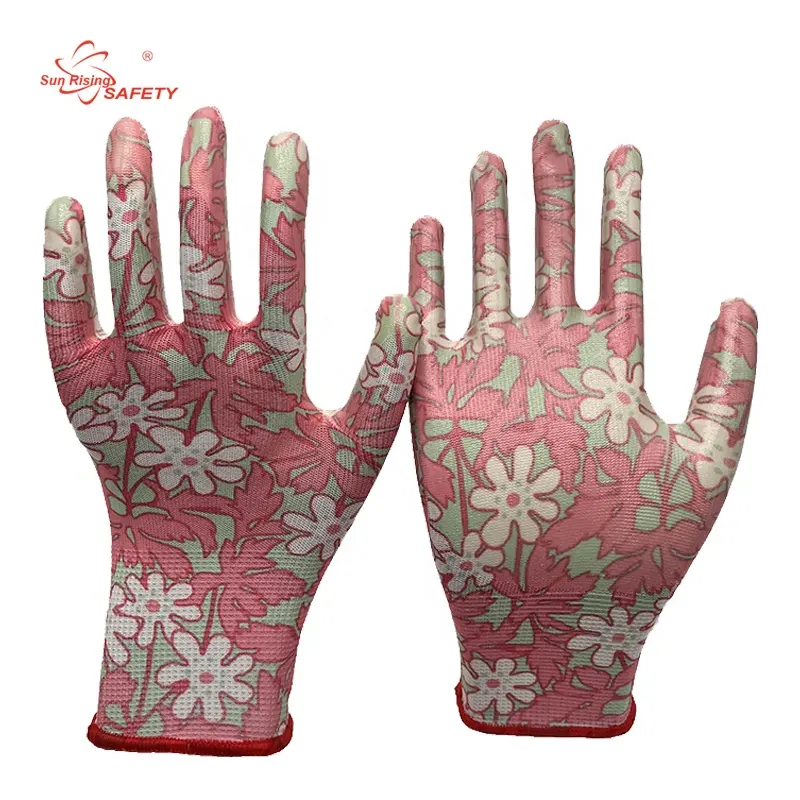 SRsafety Pink Nitrile Gloves Safety Agriculture Gardening Gloves for Women Kids Custom Logo Work Gloves