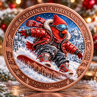 Pièce de monnaie commémorative de Noël personnalisée en cuivre pur 999 de 1 oz, motif oiseau cardinal, boîte cadeau, relief 3D, impression UV, objet de collection