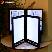 Menu de restaurant avec impression de logo en relief, personnalisé, durable, couverture en cuir PU A4, double page, livre de menu LED