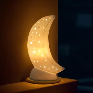 Lampu dekorasi meja malam porselen logo kustom pabrik bentuk bulan lampu dekorasi meja lucu lampu malam hadiah anak-anak dalam ruangan