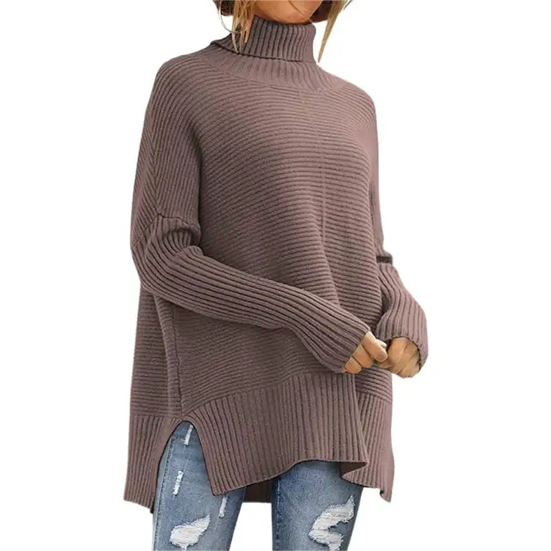 Network Hot New Womens Turtleneck Oversized Tunic Long Batwing Sleeve Spilt Hem Pullover Knit Sweater Tops 2023