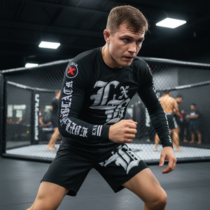 เสื้อรัดกล้ามเนื้อออกแบบ OEM สำหรับ MMA BJJ พิมพ์ลายด้วยความร้อนตามสั่ง UPF50+ เป็นมิตรกับสิ่งแวดล้อม ป้องกันรังสียูวี ระบายอากาศได้ดี น้ำหนัก 220 กรัม แบบสั้น สำหรับทุกเพศ - Product Image 3