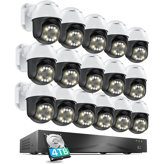 4K 32CH Expandable Pan-Tilt PoE Security Camera System 32X 8MP Turret PoE IP Camera AI Red Blue Light Siren Alarm