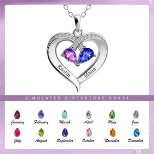 时尚优雅 18k 金个性化心形定制 2 件套情侣名字首字母心形吊坠项链带生日石 - Product Image 4