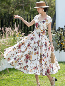 Robe pour femme OEM de haute qualité, col en V, motif floral, style décontracté, en lin/coton tissé, coupe ajustée, ligne A, longueur midi, manches évasées, imprimé personnalisé, idéale pour l'été - Product Image 2