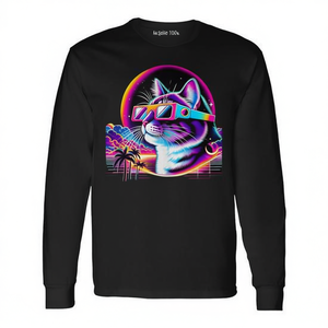 Camiseta retro de manga larga con diseño de gato Vaporwave y gafas de eclipse, diseño de puesta de sol neón - Product Image 2