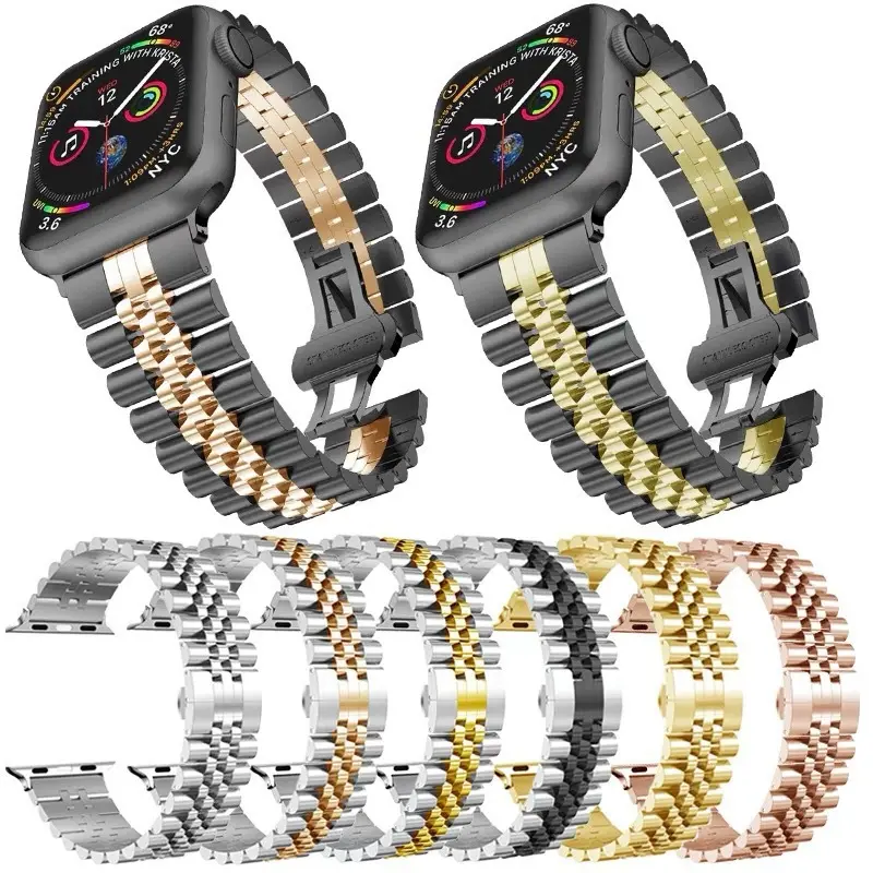 Altın gül altın 40Mm 44Mm kordonlu saat adam Metal paslanmaz çelik bilek bandı I saat kayışı Apple Iwatch serisi için 7 8 9