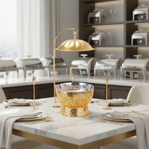 Plat de service de luxe 8 litres en acier inoxydable doré avec couvercle suspendu et base décorative ornée de filigranes - Product Image 6