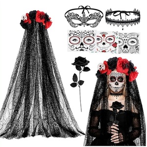 Disfraces del Día de Muertos para Mujer, Conjunto de Tocado con Flores, Gargantilla de Encaje, Tatuajes, Accesorios de Halloween - Product Image 1